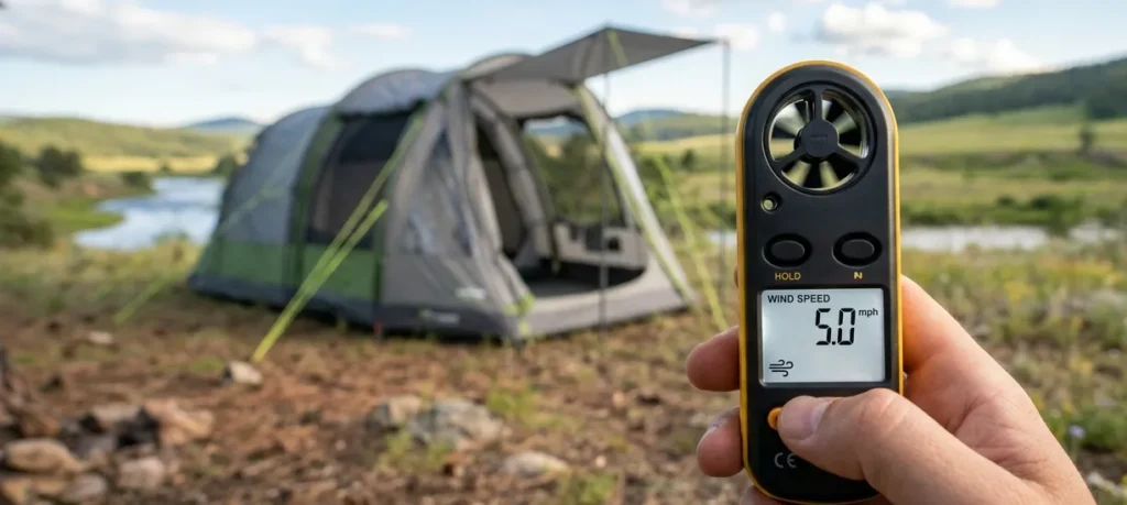 Measuring wind speed at a campsite to optimize tent ventilation when camping in the summer.