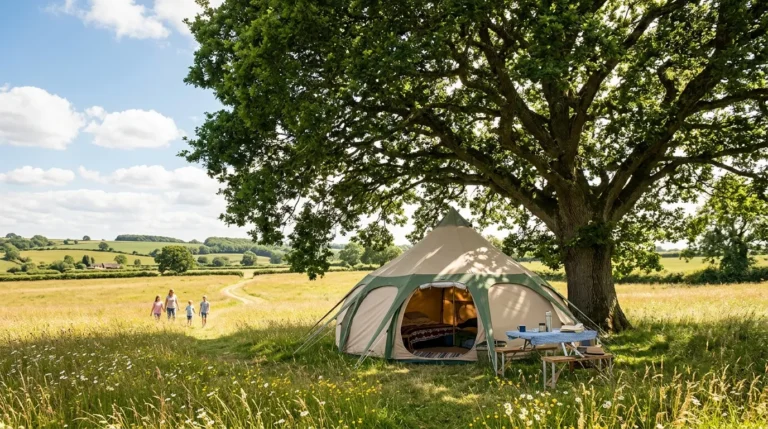 A family campsite set up in the deep shade of a tree to stay cool while camping in the summer.