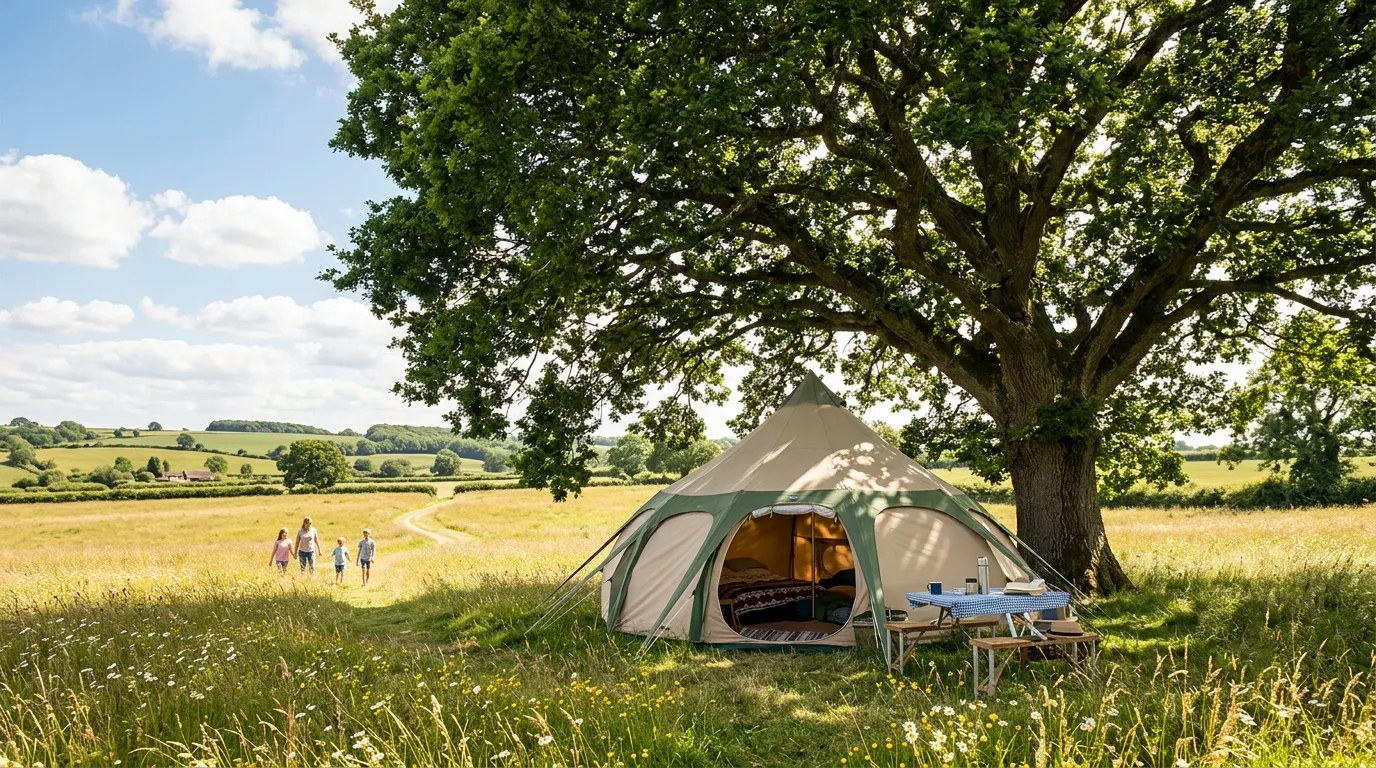 A family campsite set up in the deep shade of a tree to stay cool while camping in the summer.