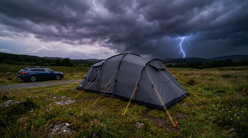 A camping tent prepared for camping in the summer thunderstorm with a car nearby for safety.