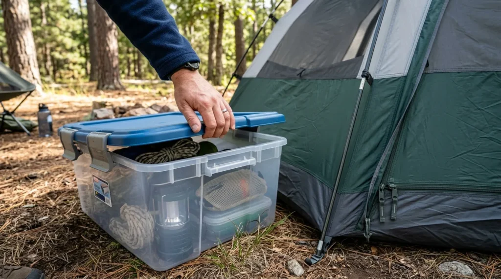Using a storage bin to organize gear and prevent bugs from entering the tent.