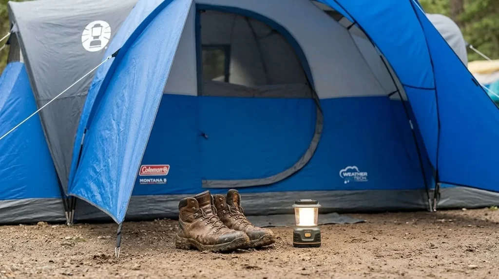 The front porch area of a Coleman Montana 8 person tent used for gear storage.