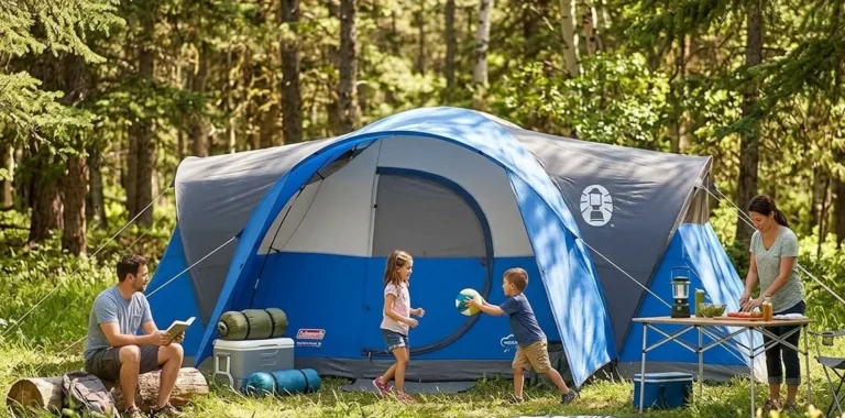A Coleman Montana 8 person tent fully set up at a forest campsite.