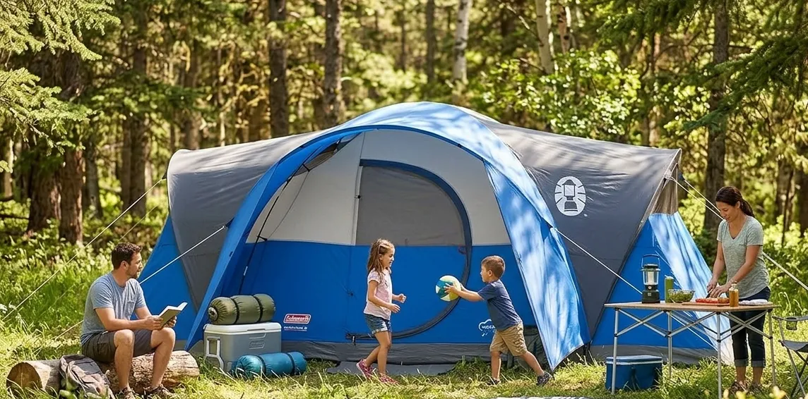 A Coleman Montana 8 person tent fully set up at a forest campsite.