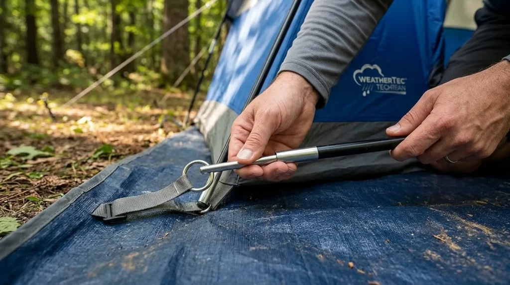 A close up of the pin and ring setup mechanism on a Coleman Montana 8 person tent.