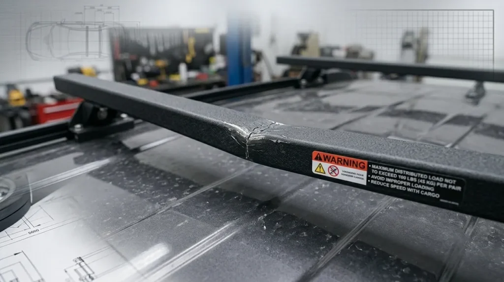 Visible damage to a vehicle roof rail caused by exceeding weight limits.