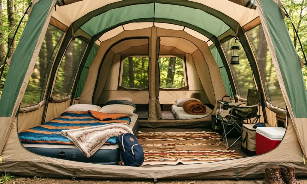 The interior of a large best tents for families showing the proper use of floor space and air mattresses.