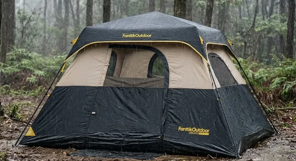 Fanttik outdoor tent pitched in a rainy forest.