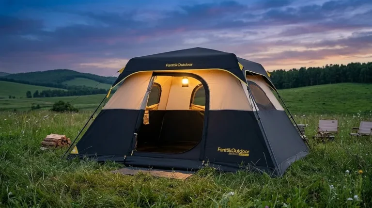 A Fanttik outdoor tent for 6 people pitched at a scenic campsite during twilight.