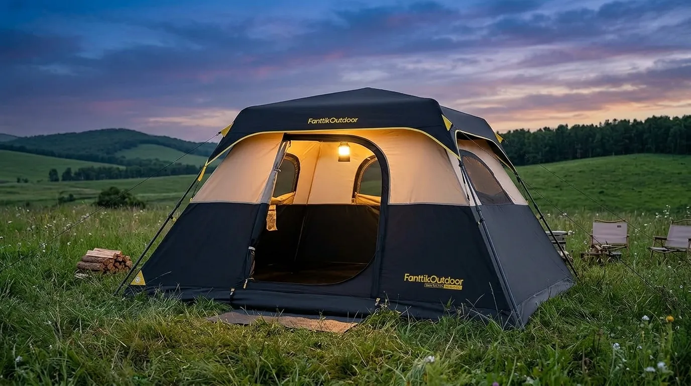 A Fanttik outdoor tent for 6 people pitched at a scenic campsite during twilight.