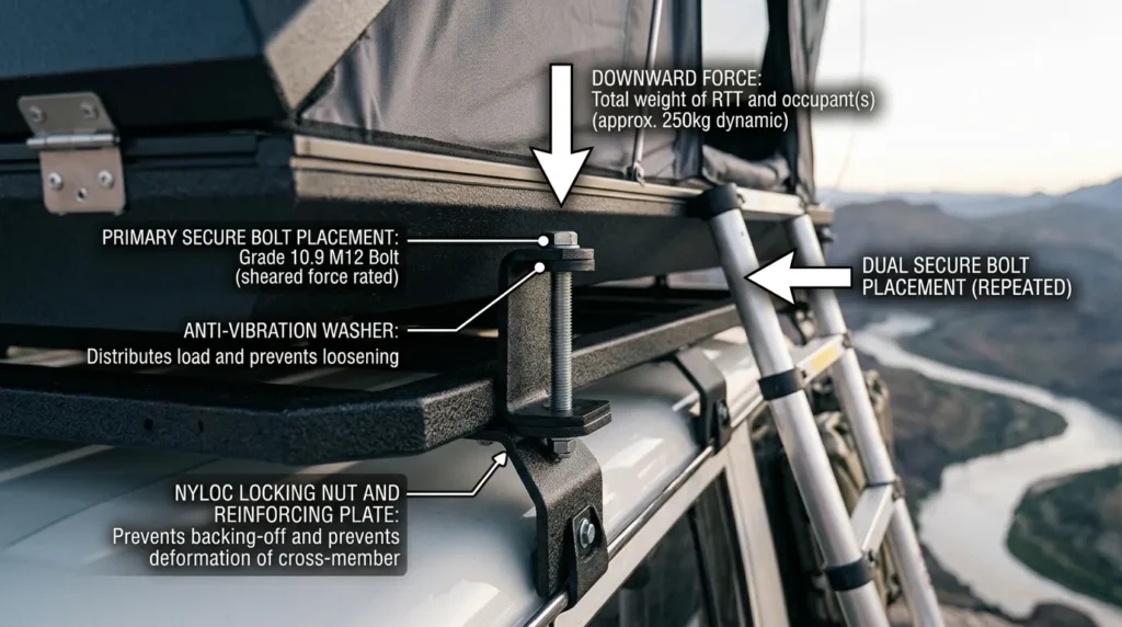 A close up view of a hard shell roof top tent securely mounted to a heavy duty roof rack.