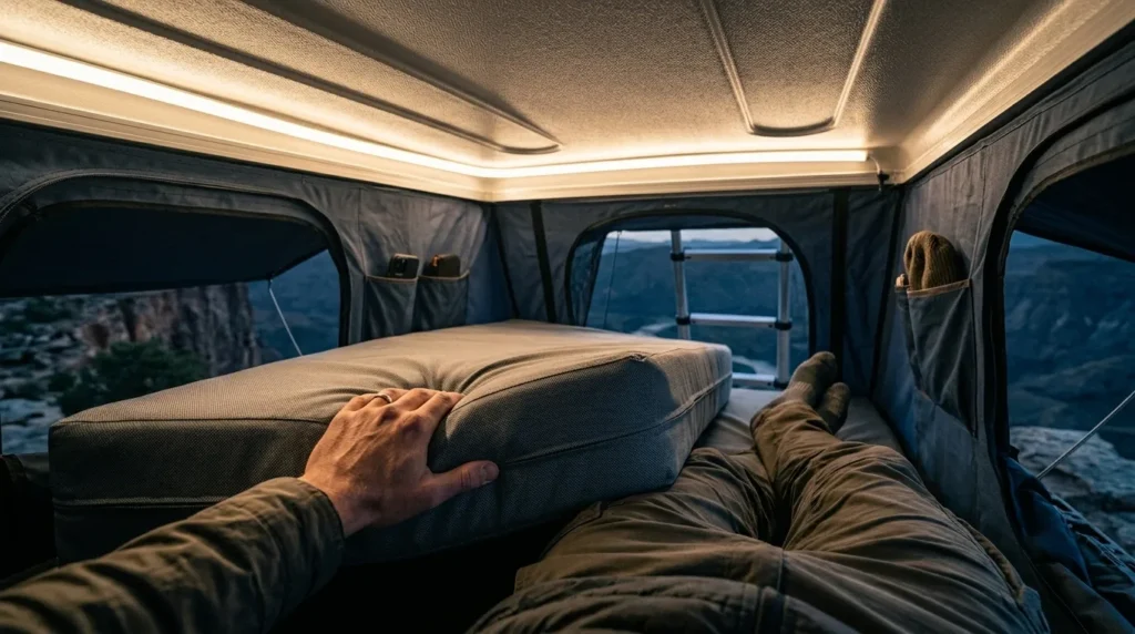Testing the mattress density and interior lighting of a hard shell roof top tent.