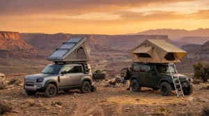 A side-by-side comparison of a hard shell wedge tent and a soft shell folding tent on two SUVs.