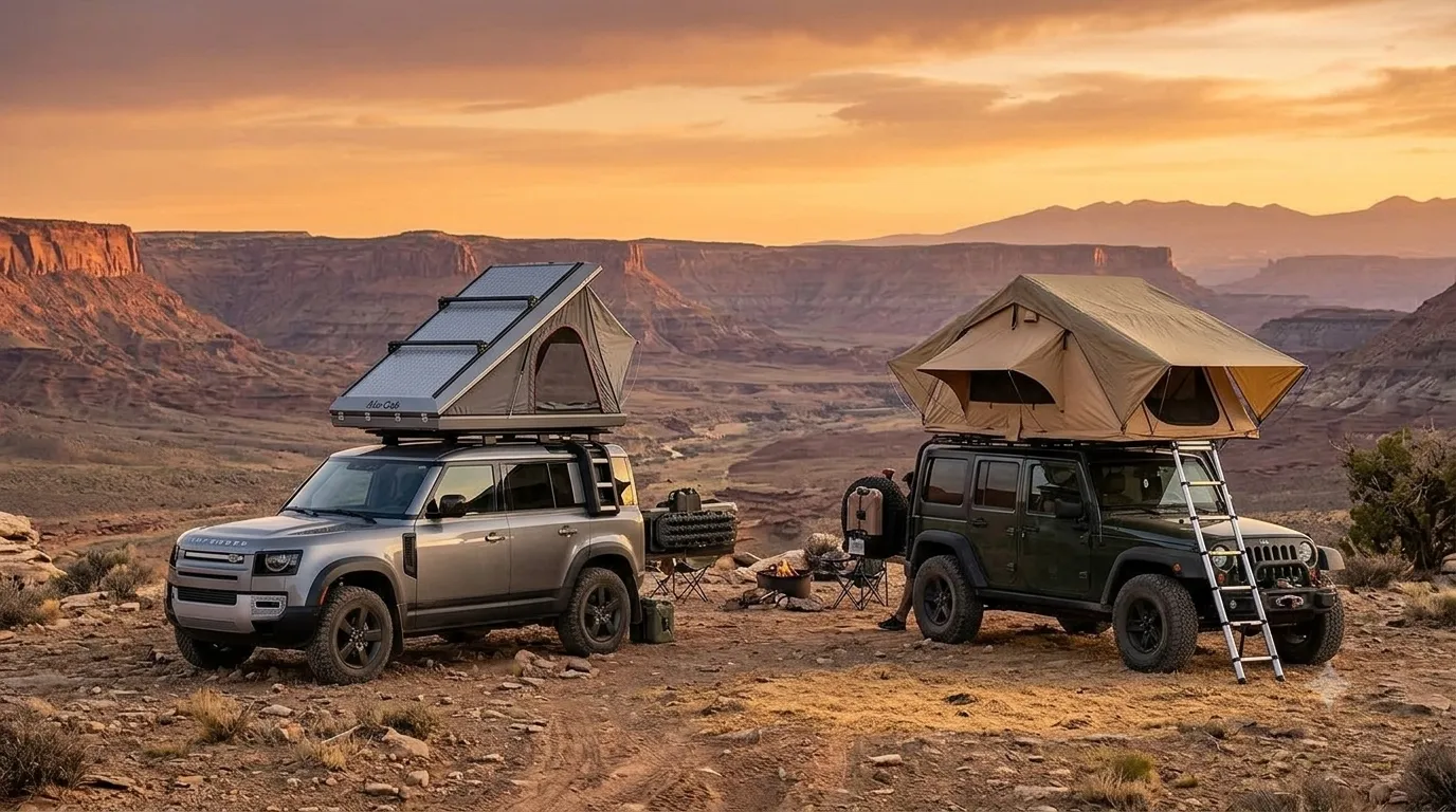 A side-by-side comparison of a hard shell wedge tent and a soft shell folding tent on two SUVs.