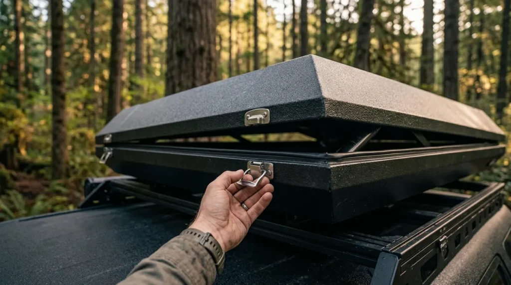 Hard shell vs soft shell rooftop tent: A person opening a hard shell rooftop tent with a quick release latch.