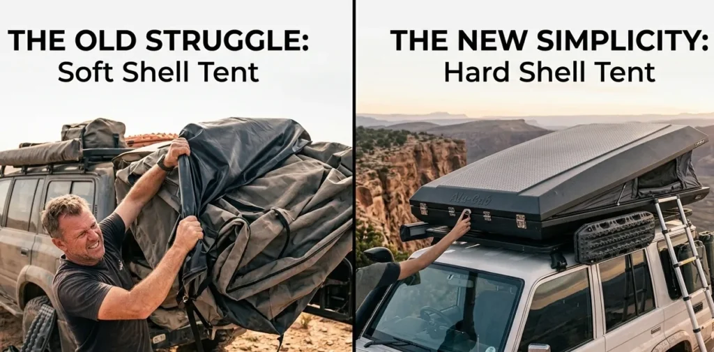 Hard shell roof top tent review: A comparison showing the setup speed difference between a hard shell and soft shell roof top tent.