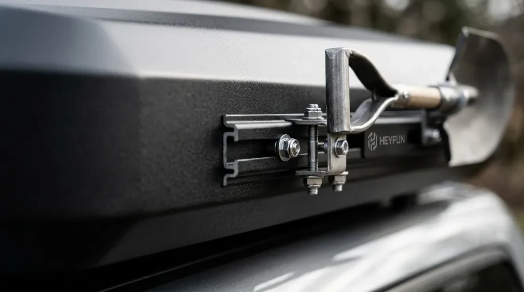 A detailed view of the aluminum honeycomb shell and T-slot accessory rails on a Heyfun rooftop tent.