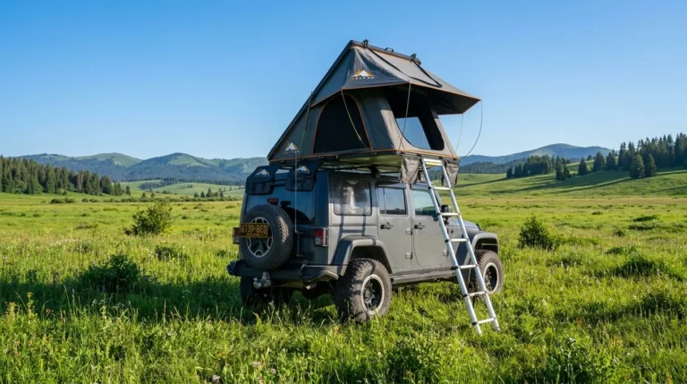 A lightweight aluminum hard shell Heyfun rooftop tent set up on a jeep.