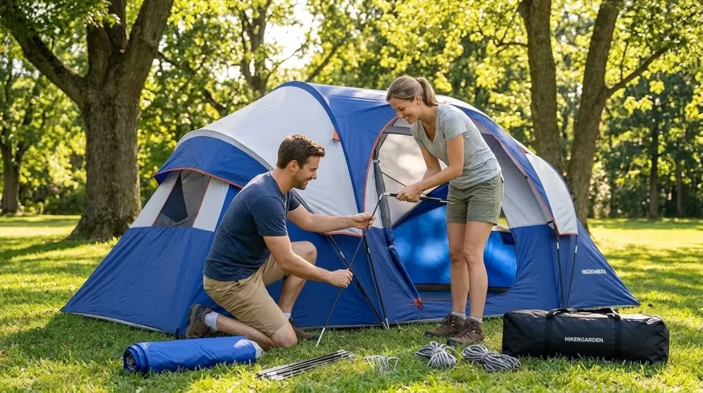 wo people working together to pitch the manual pole frame of a Hikergarden tent.