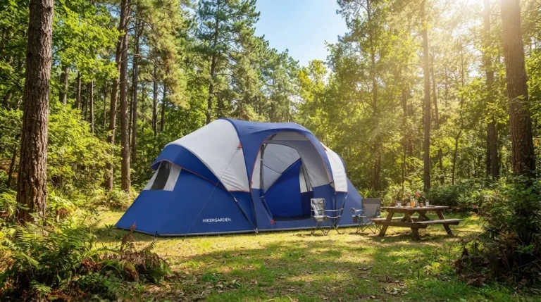 A Hikergarden tent for 10 person pitched at a sunny family campsite.