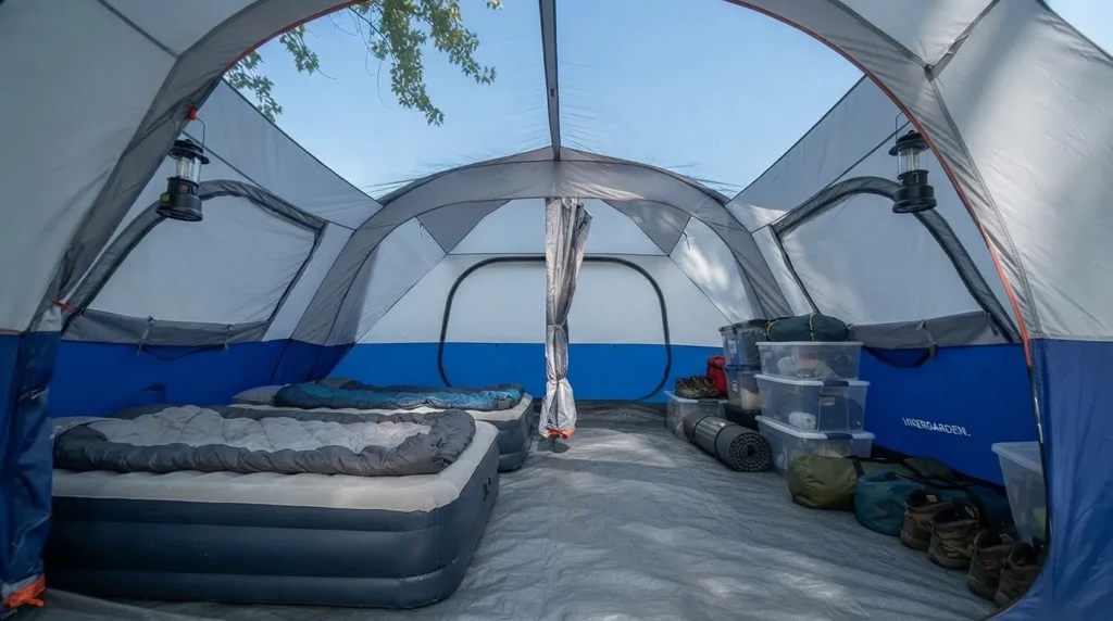 The interior of a Hikergarden tent for 10-person tent showing the two-room layout.