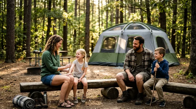 A family applying mosquito repellent at a forest campsite next to a large technical tent.