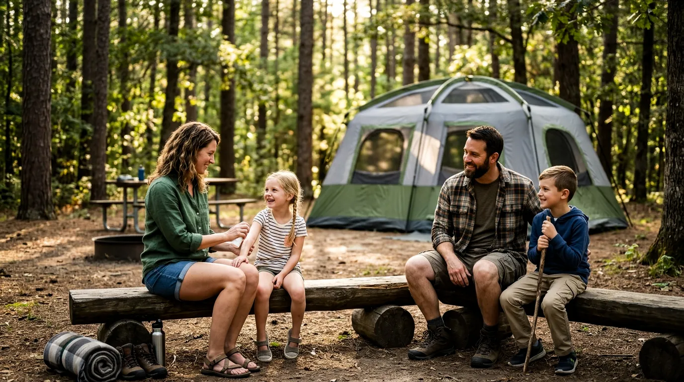 A family applying mosquito repellent at a forest campsite next to a large technical tent.