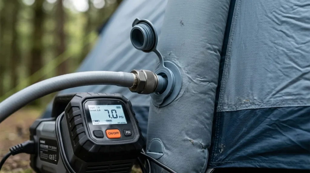 A 12v electric pump inflating a camping tent to 7 PSI.