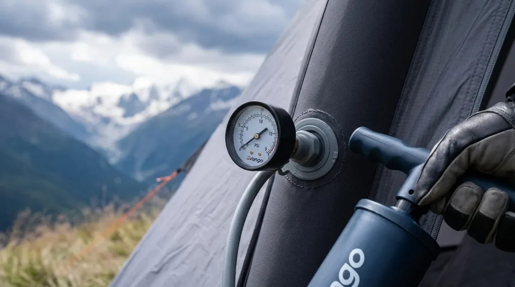 Are inflatable tents good in wind: A pressure gauge showing 8 PSI for an inflatable tent beam.