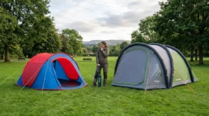 A side-by-side comparison of a circular pop up tent and an inflatable air beam tent.