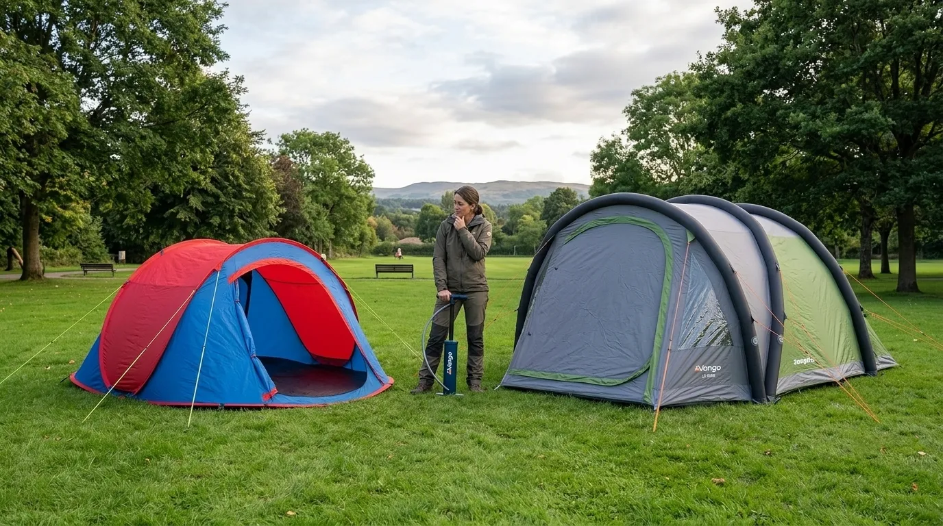 A side-by-side comparison of a circular pop up tent and an inflatable air beam tent.