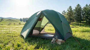 A Kelty Wireless 6 person family tent fully pitched at a sunny campsite.