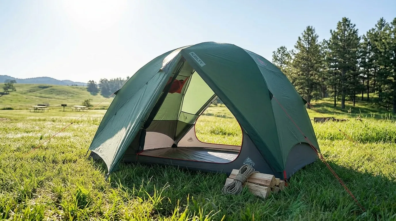 A Kelty Wireless 6 person family tent fully pitched at a sunny campsite.
