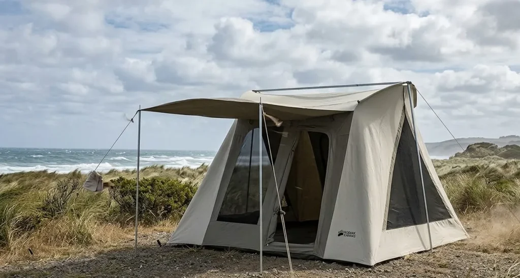 The heavy duty steel frame and spring rods of a Kodiak Canvas flex bow tent.