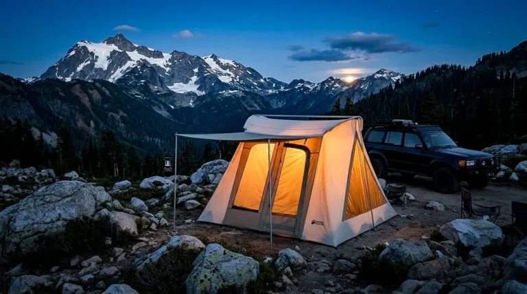 A Kodiak Canvas Flex Bow tent pitched in a mountain landscape.