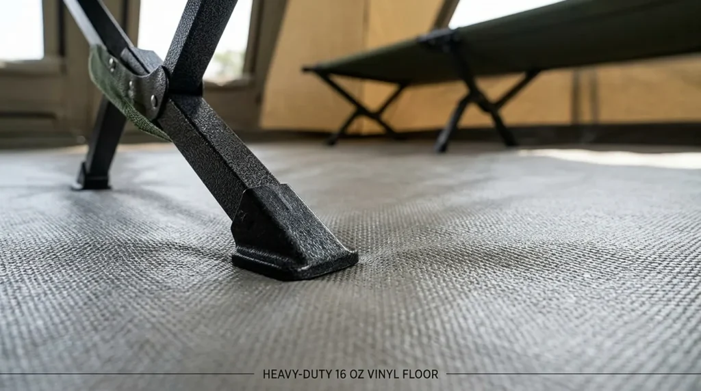 The thick vinyl bathtub floor of a Kodiak Canvas flex bow tent.