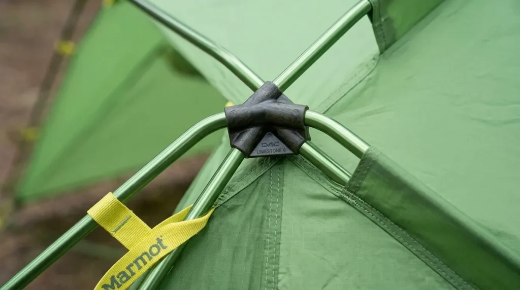 A close up of the high-quality DAC aluminum poles on a Marmot Limestone 6P tent.
