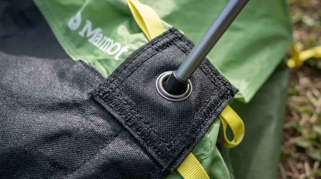 The heavy duty 150D floor and reinforced corner stitching of a Marmot Limestone 6P tent.