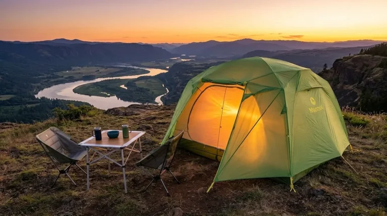 A Marmot Limestone 6p family tent pitched in a scenic mountain location.