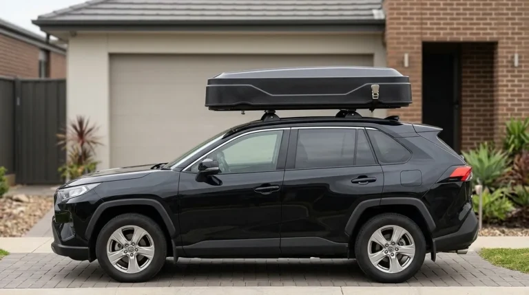 A closed Naturnest rooftop tent hard shell showing its slim 7-inch profile on a vehicle.