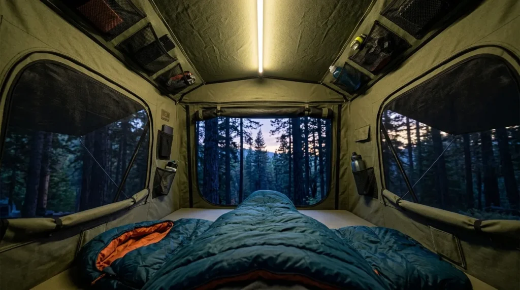 The interior organization and LED lighting of a Naturnest rooftop tent.