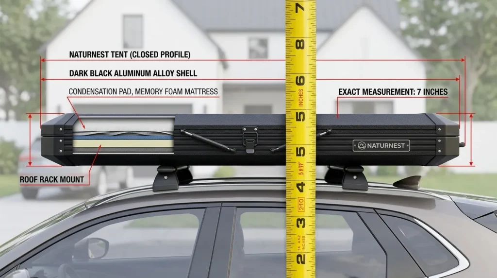 A measurement of the 7-inch closed height of a Naturnest rooftop tent.