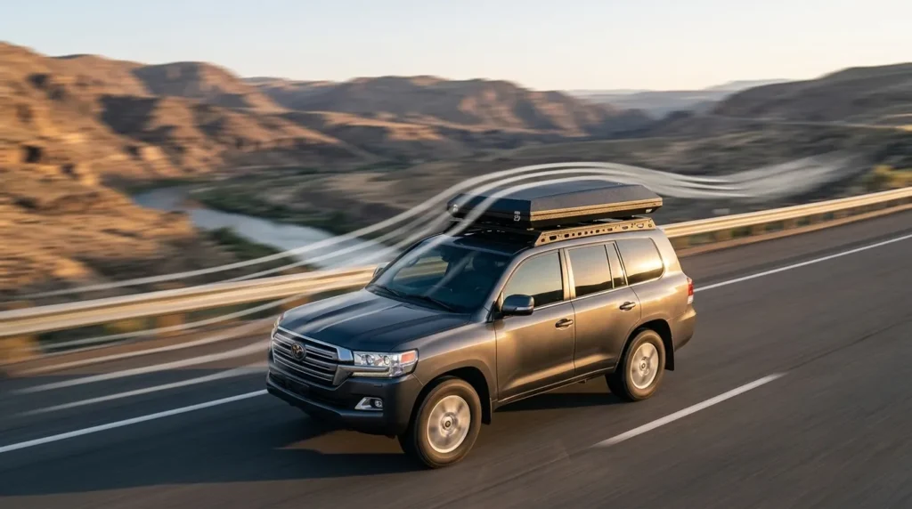 A technical visualization of air flowing over an aerodynamic hard shell rooftop tent.