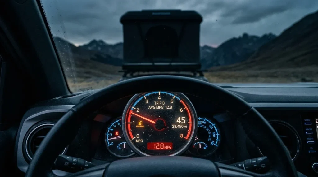 A vehicle dashboard showing the impact of a rooftop tent on gas mileage.