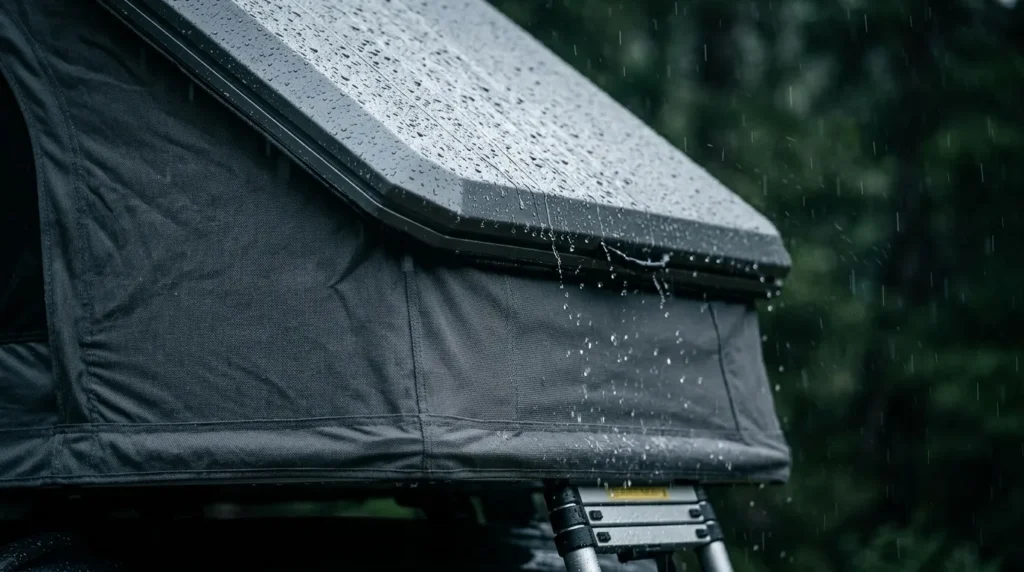 A hard shell rooftop tent standing rock solid during a mountain storm.
