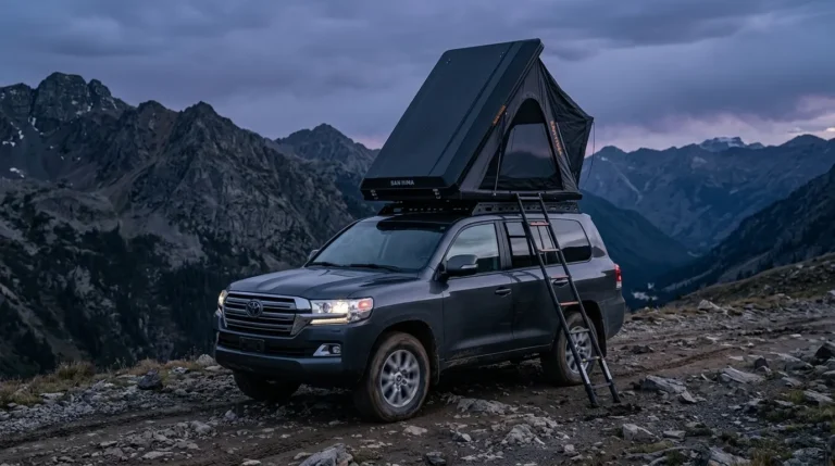 A San Hima hard shell rooftop tent set up in the rain on an adventure vehicle.
