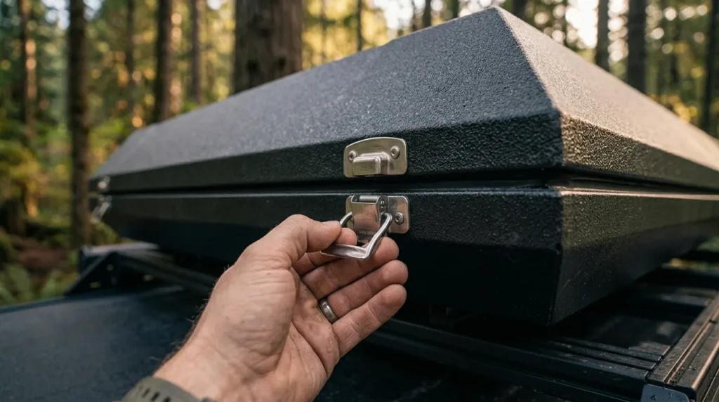 A detailed view of the stainless steel locking latches on a San Hima tent.