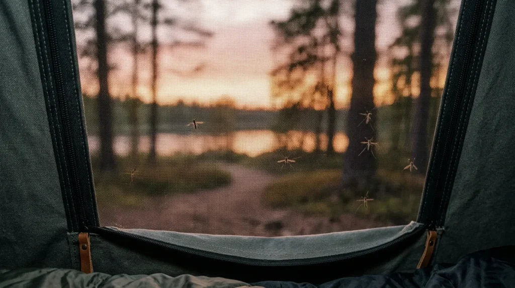 How to prevent mosquito bites while camping: A close up of fine no-see-um mesh on a camping tent blocking mosquitoes.