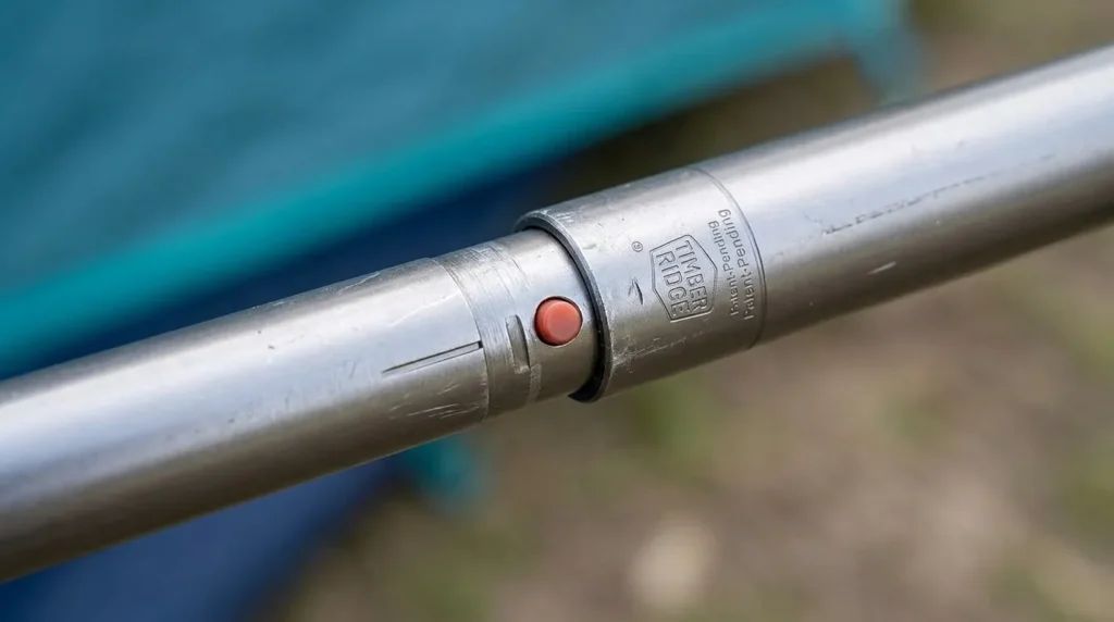 A close up view of the telescoping pole lock on a Timber Ridge tent.