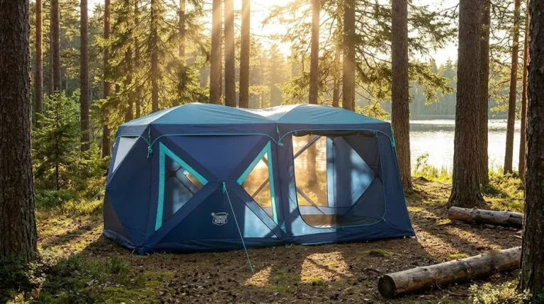A Timber Ridge tent 6-person instant cabin pitched at a forest campsite.